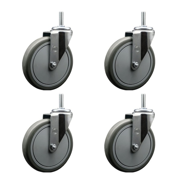 6 Inch Gray Polyurethane Wheel Swivel 34 Inch Threaded Stem Caster Set Service Caster